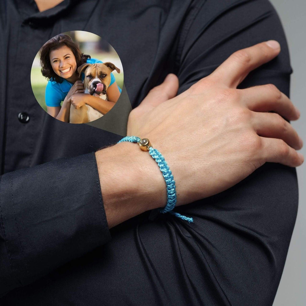 Man Blue Photo Bracelet showcasing a personalized photo of a woman and her dog on a stylish blue cord bracelet by Brother & Sisters.