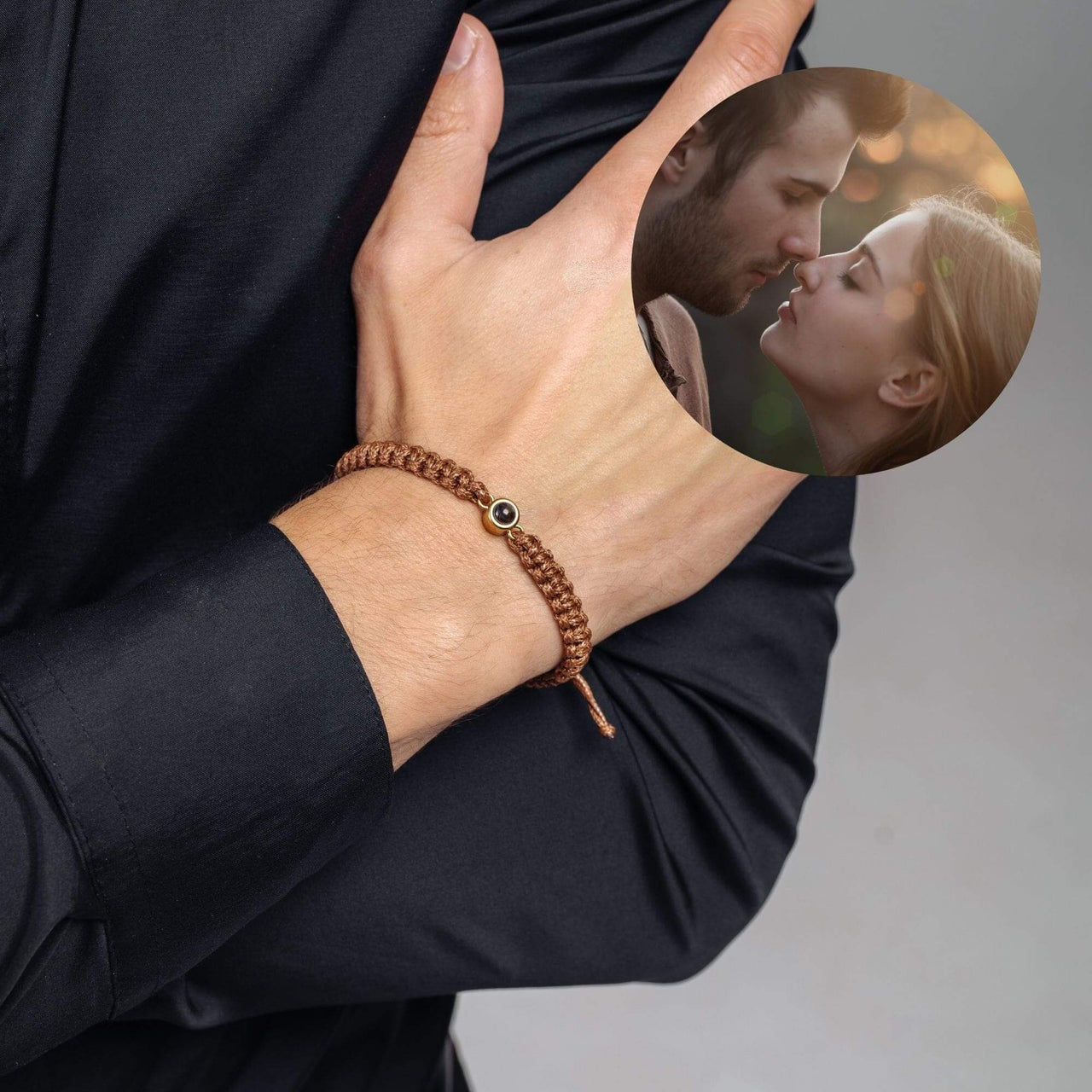Man Brown Photo Bracelet showcasing a photo pendant, designed for men by Brother & Sisters, capturing cherished memories.