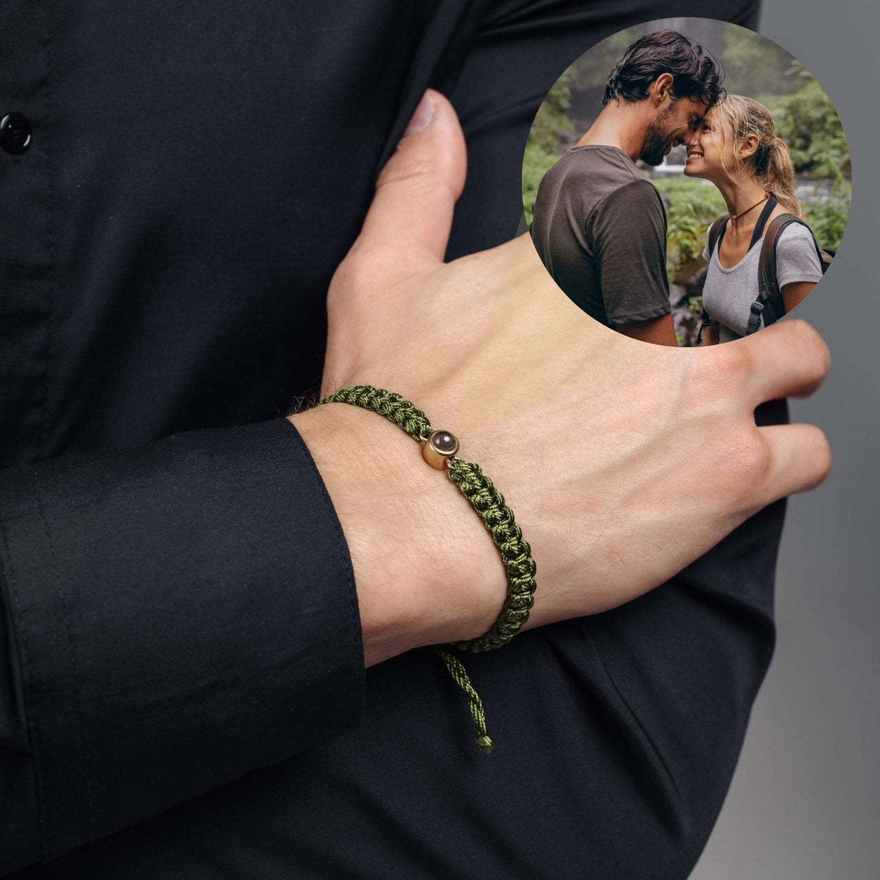 Man Olive Photo Bracelet worn on a hand, featuring a personalized photo pendant, perfect gift by Brother & Sisters.