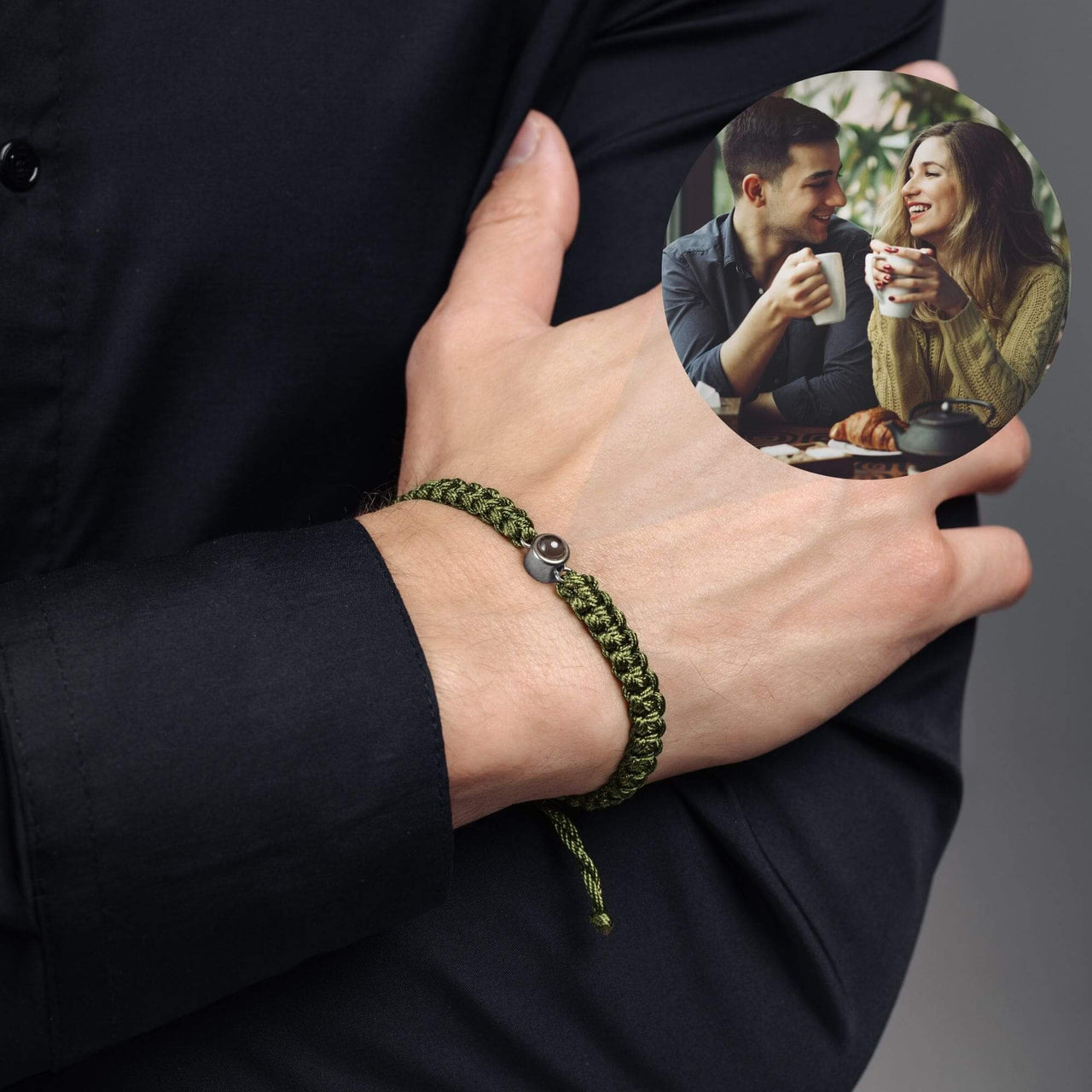 Man Olive Photo Bracelet showcasing a man's wrist with personalized photo pendant, designed by Brother & Sisters.