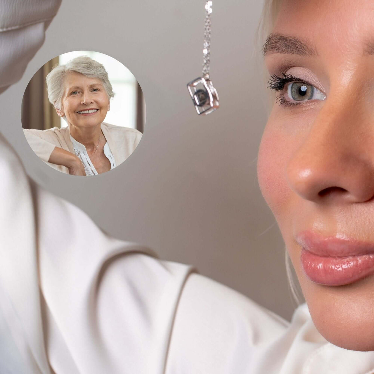 Close-up of woman wearing Memories Photo Bracelet with hidden photo pendant showing a cherished image, by Brother & Sisters.