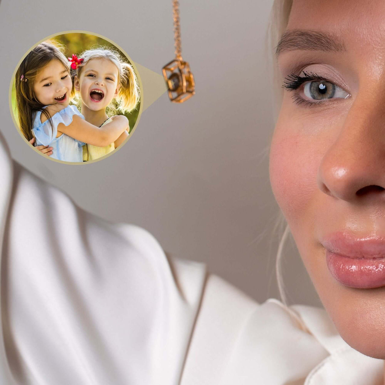 Close-up of a woman wearing the Memories Photo Bracelet, featuring a hidden pendant with a cherished photo.