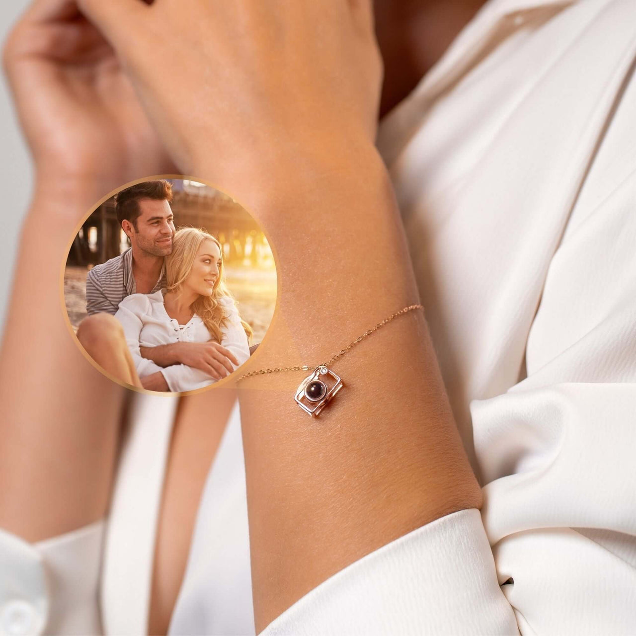 Memories Photo Bracelet showcasing hidden photo projection pendant by Brother & Sisters, capturing cherished moments on wrist.