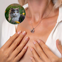 Thumbnail for Meow Photo Necklace showcasing personalized cat photo pendant by Brother & Sisters, worn by a woman.