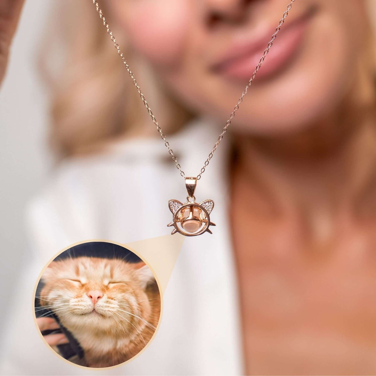 Meow Photo Necklace showcasing a cat pendant with a photo projection, by Brother & Sisters.