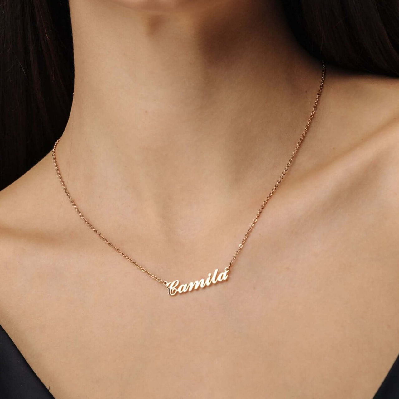 Minimalist Name Necklace in gold featuring the name 'Camila' designed by Brother & Sisters for a personalized touch.