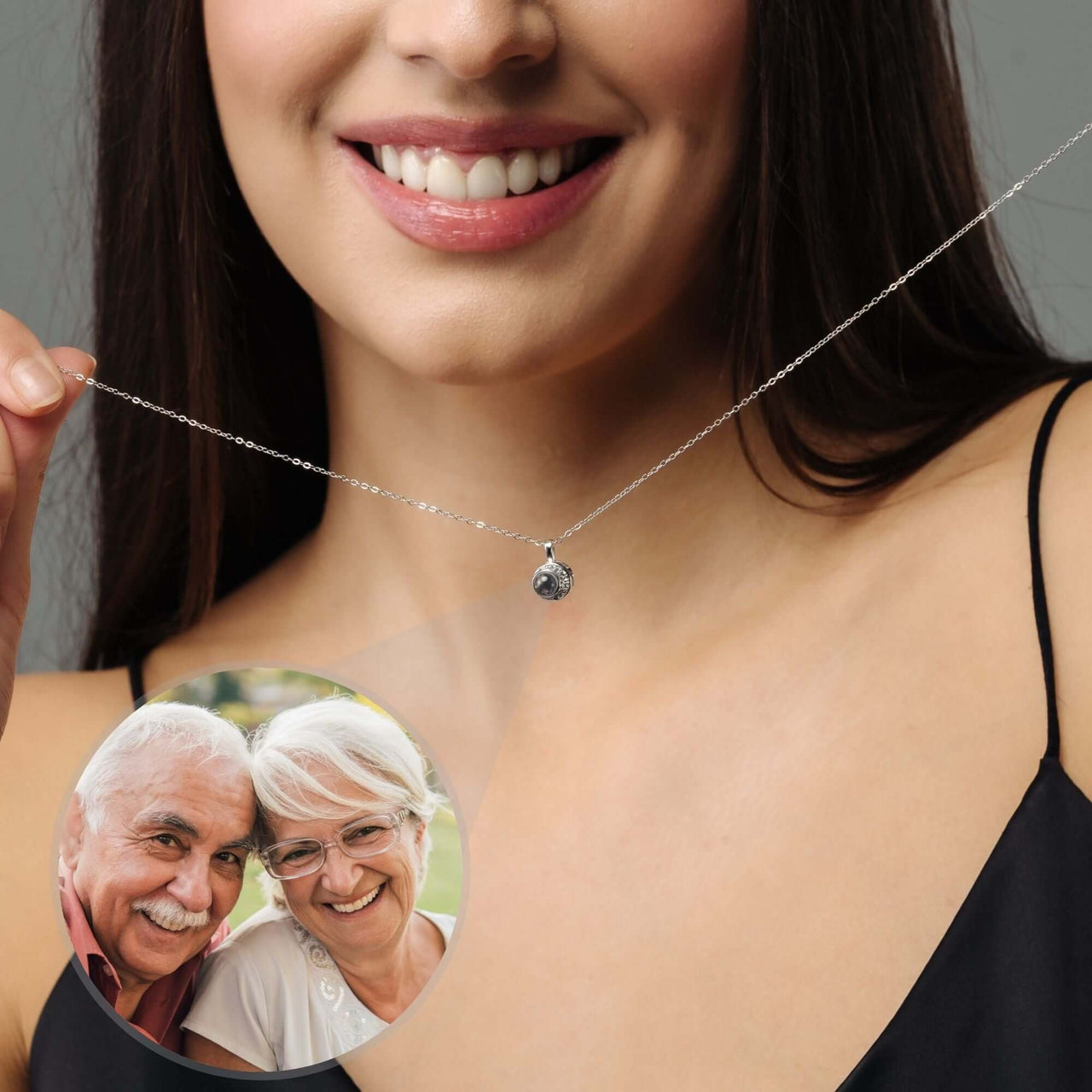 Moonlight Photo Necklace worn by a woman, featuring a moon-shaped pendant holding a personal photo, by Brother & Sisters.