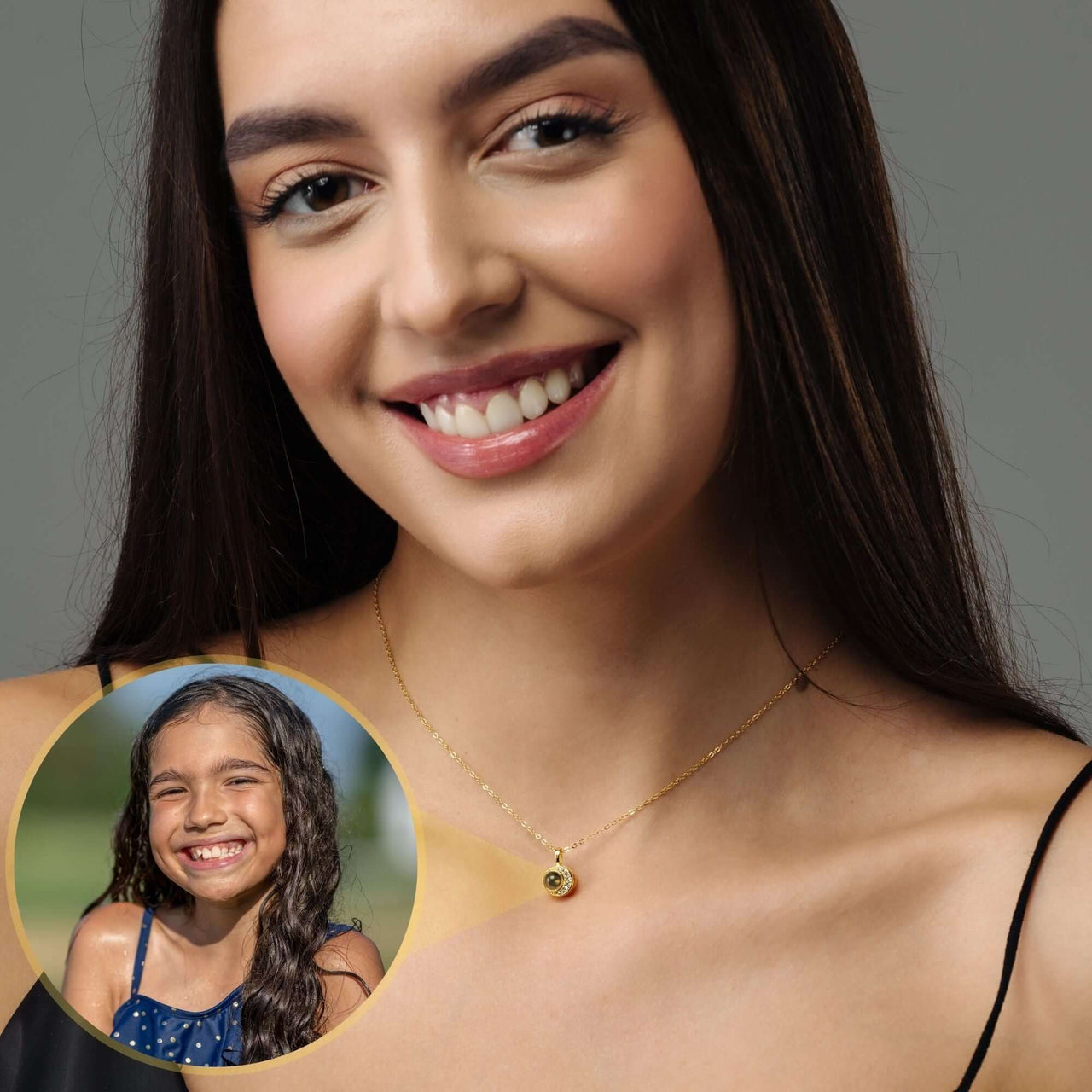 Moonlight Photo Necklace featuring a smiling girl photo in a moon-shaped pendant by Brother & Sisters.