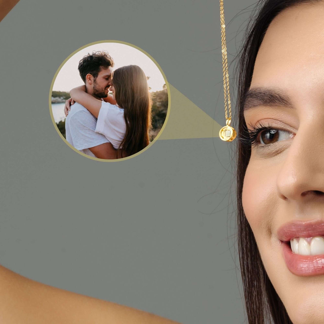 Moonlight Photo Necklace featuring a close-up of a woman wearing the necklace with a photo pendant showcasing a couple.
