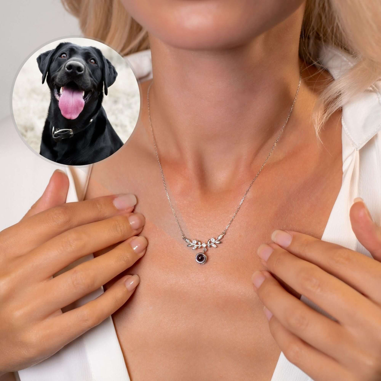 Nature Photo Necklace worn by a woman, featuring a personalized photo charm showcasing a black dog, by Brother & Sisters.