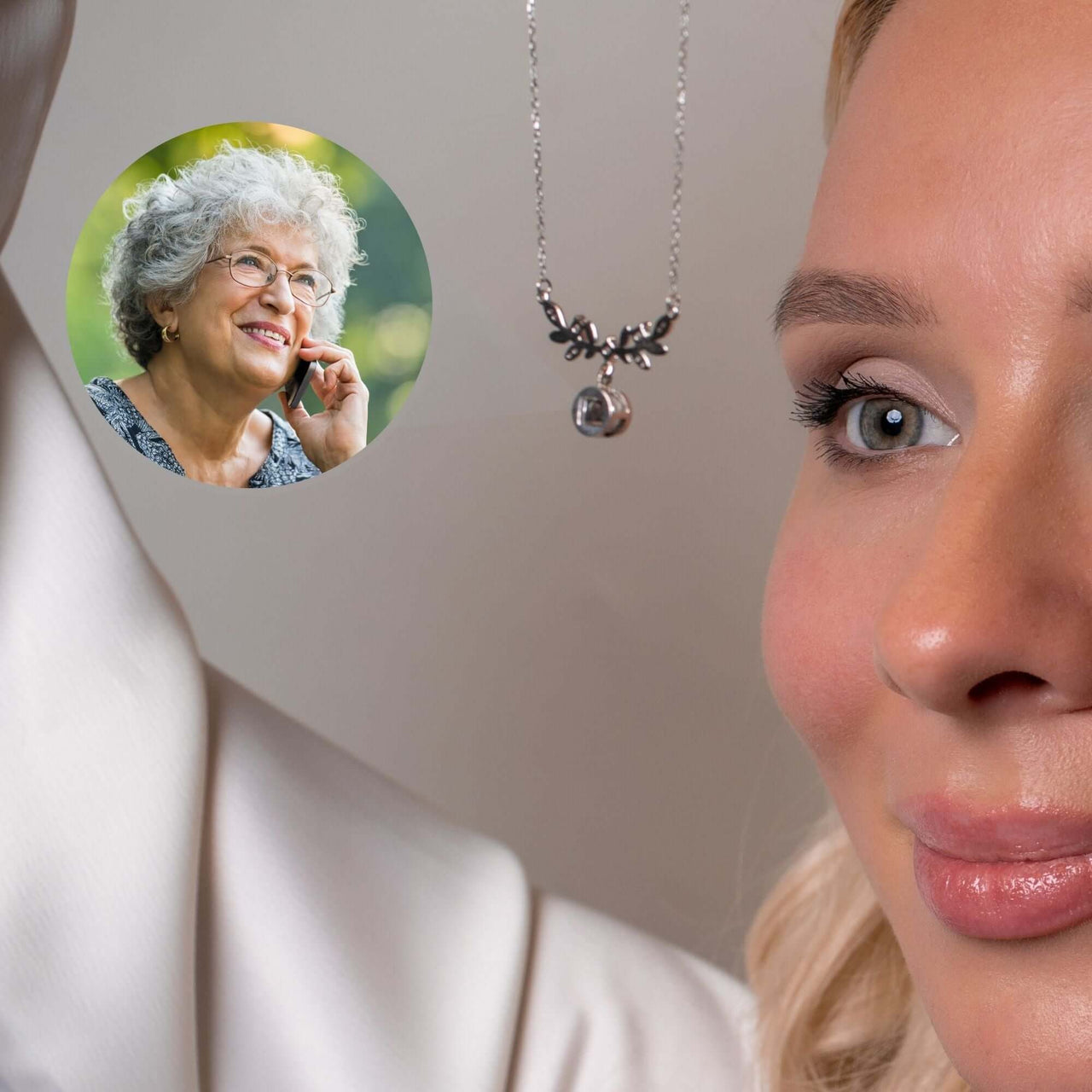 Nature Photo Necklace by Brother & Sisters showcasing a woman wearing it, projecting a loved one's photo.