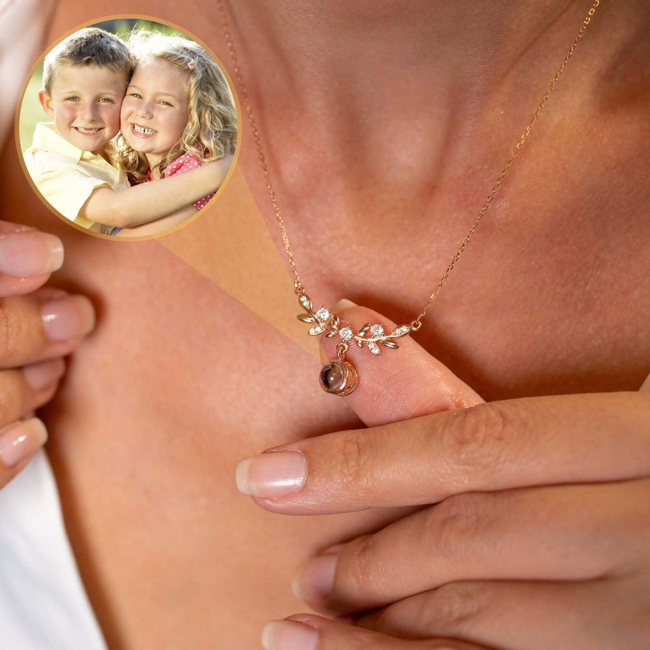 Nature Photo Necklace showcasing personalized photo projection, elegant Laurel Leaf design by Brother & Sisters.