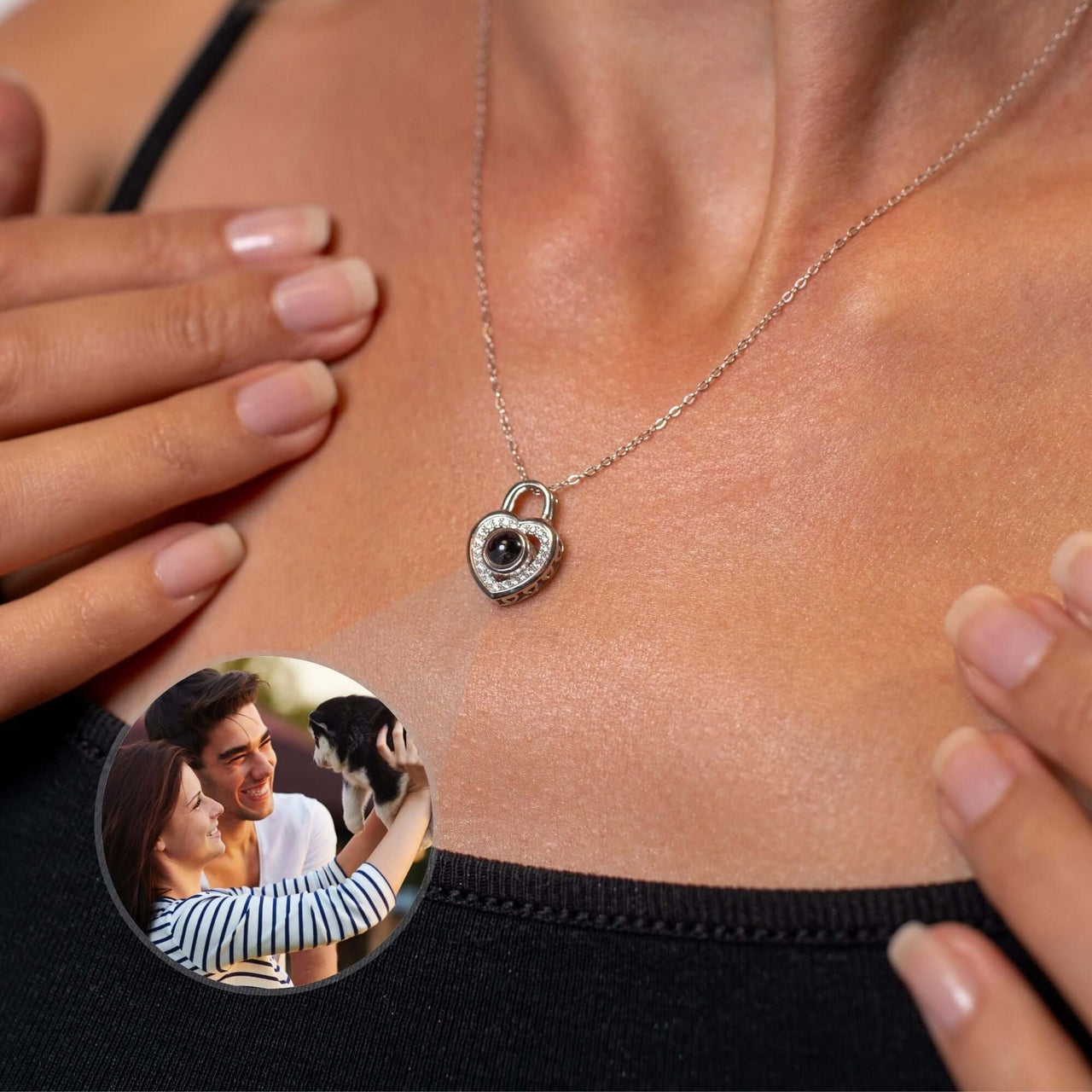 Padlock Photo Necklace by Brother & Sisters featuring a heart-shaped pendant holding a cherished photo.