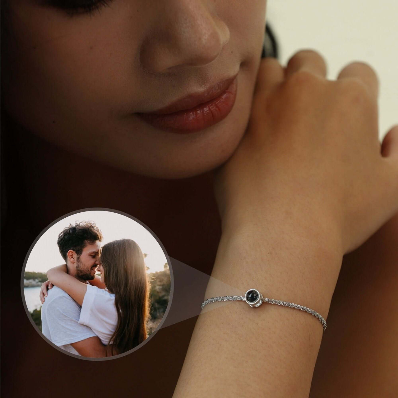 Photo Personalized Bracelet showcasing a photo projection pendant, by Brother & Sisters, elegant custom jewelry for her.