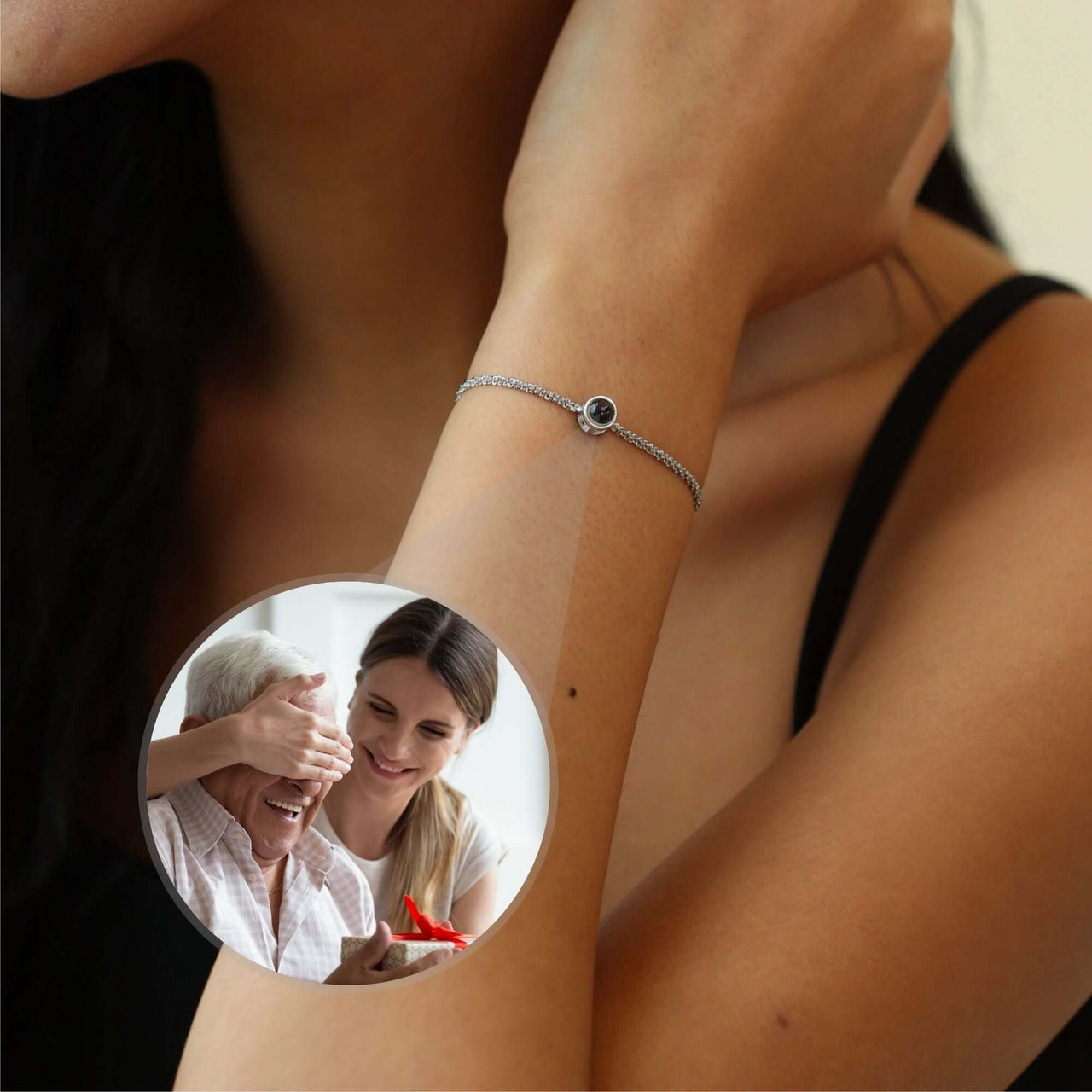 Photo Personalized Bracelet showcasing a photo projection pendant worn on a wrist, from Brother & Sisters.
