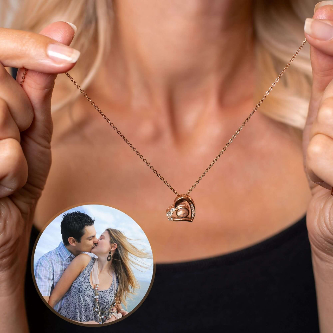 Woman holding Precious Heart Photo Necklace with customizable photo insert by Brother & Sisters.