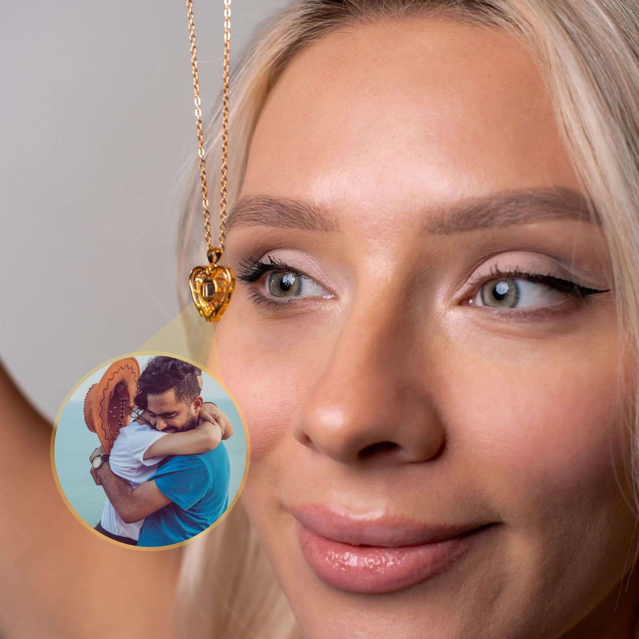Woman wearing Precious Heart Photo Necklace featuring a customizable photo insert by Brother & Sisters.