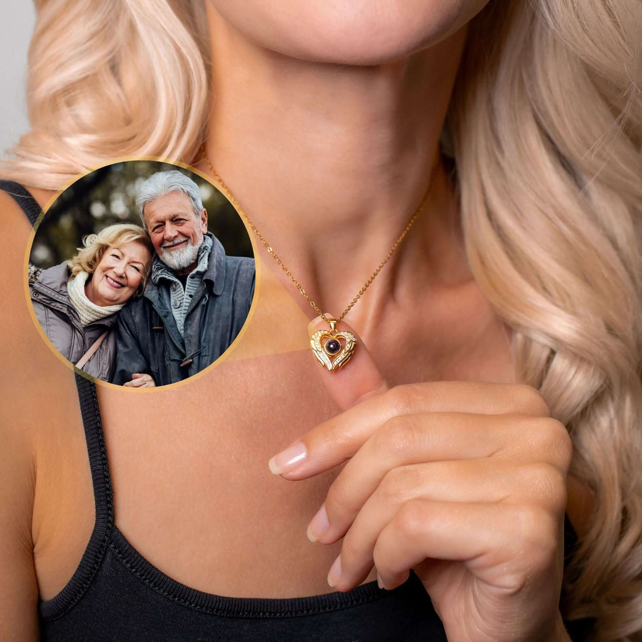 Precious Heart Photo Necklace worn by a woman, showcasing a custom photo insert by Brother & Sisters.