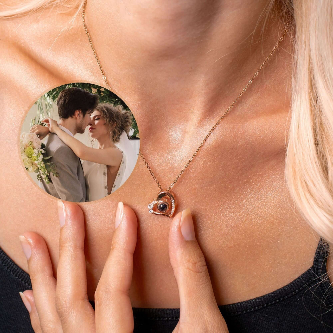 Precious Heart Photo Necklace worn by a person, featuring a customizable photo insert of loved ones, by Brother & Sisters.
