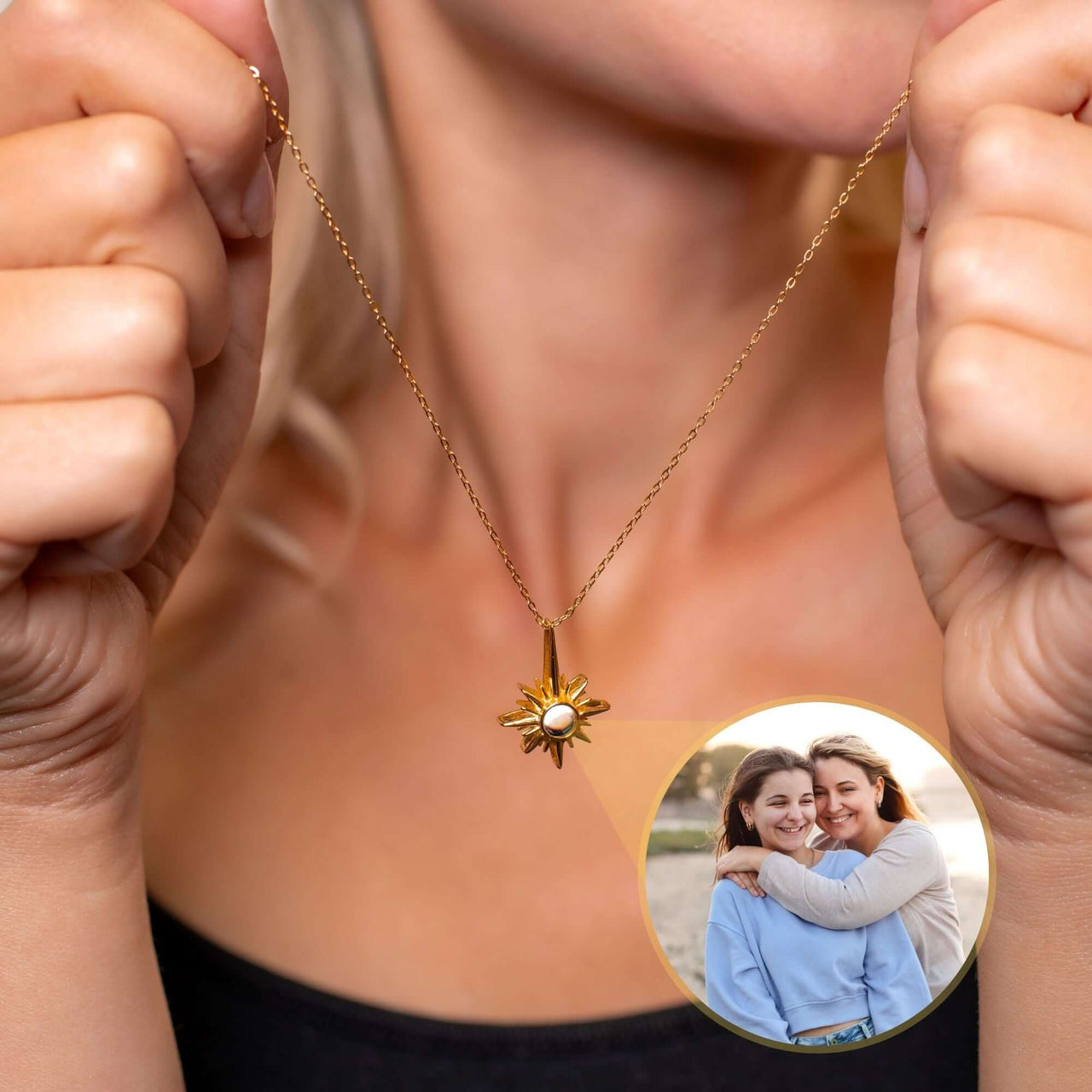 Protect Photo Necklace showcasing a sun pendant, personalized photo charm by Brother & Sisters, keeping memories close.