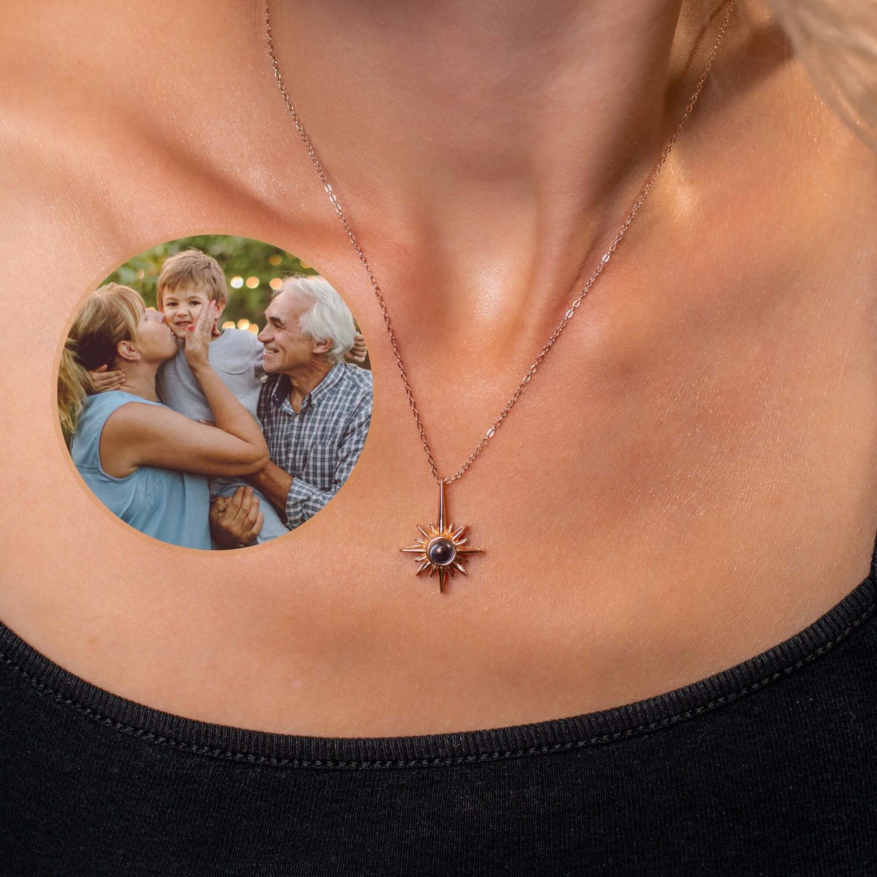 Protect Photo Necklace worn by a woman, featuring a cherished photo of family in close-up.