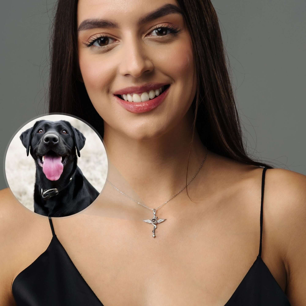 Woman wearing a Protection Photo Necklace featuring a beloved black dog image by Brother & Sisters.