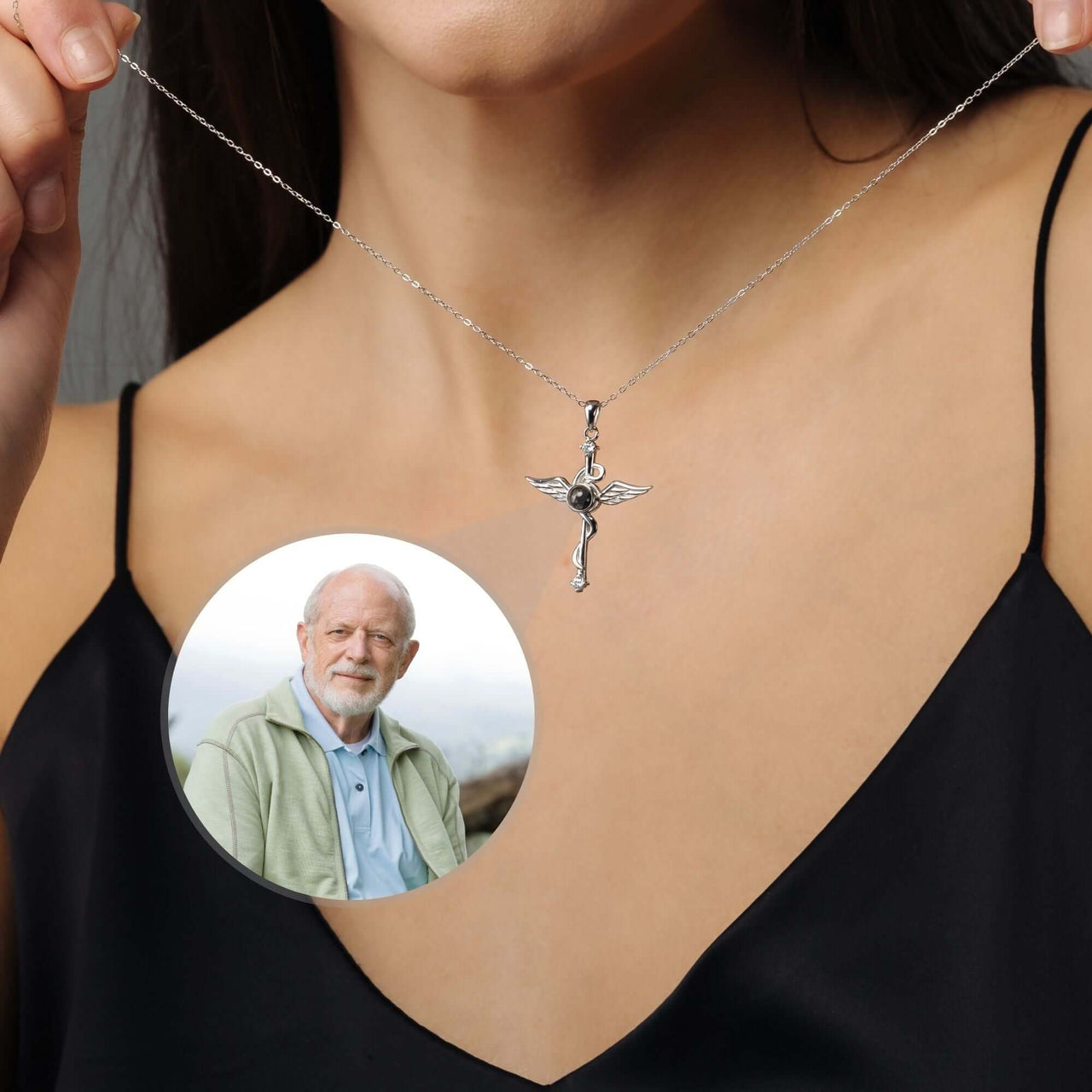 Protection Photo Necklace featuring a cherished photo charm, worn elegantly, by Brother & Sisters.