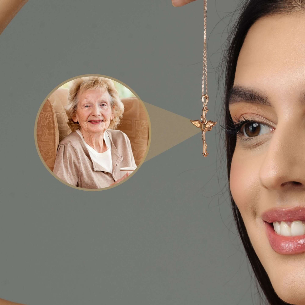 Woman wearing a Protection Photo Necklace featuring a cherished photo of a loved one, by Brother & Sisters.