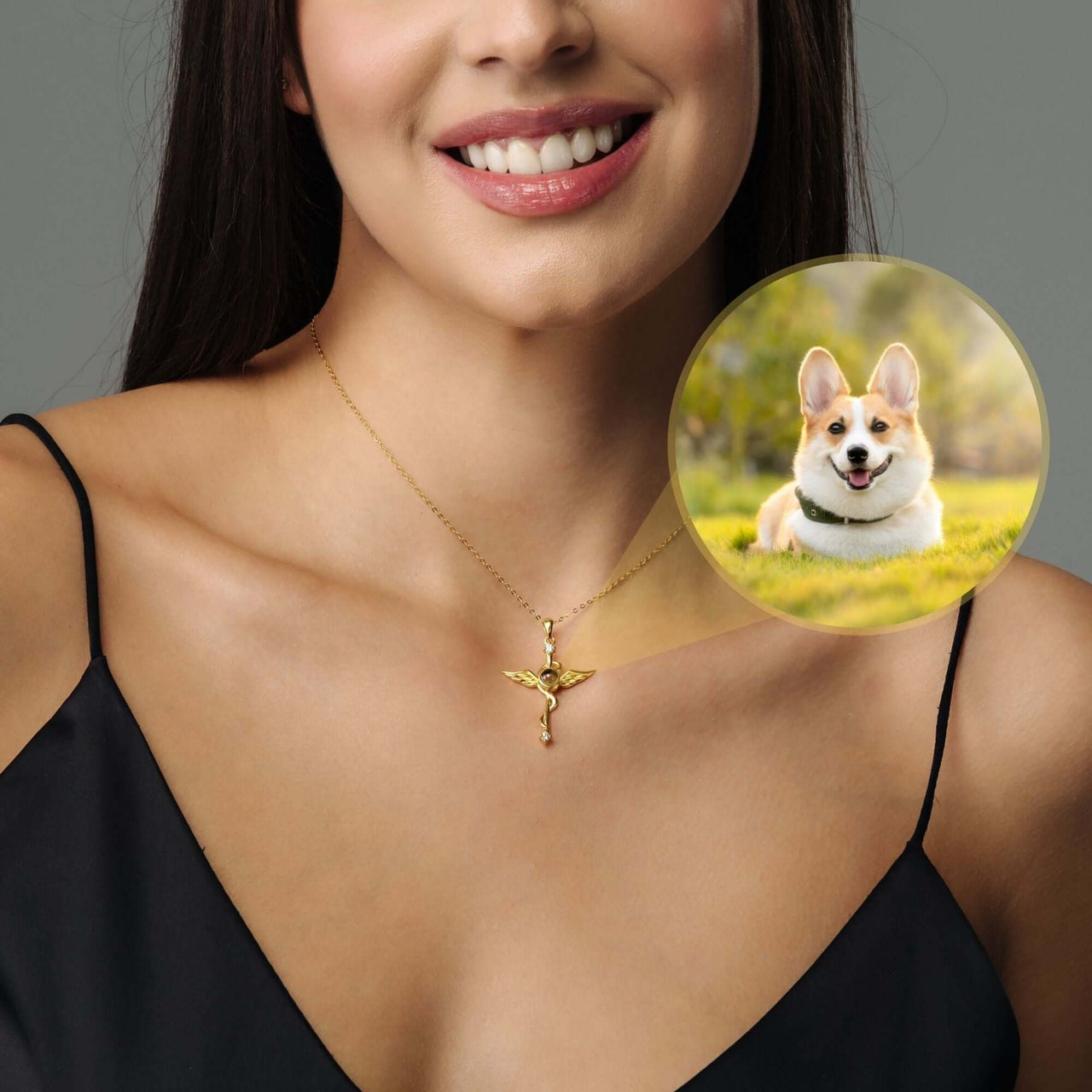 Protection Photo Necklace featuring a happy corgi image, worn by a woman, crafted by Brother & Sisters.