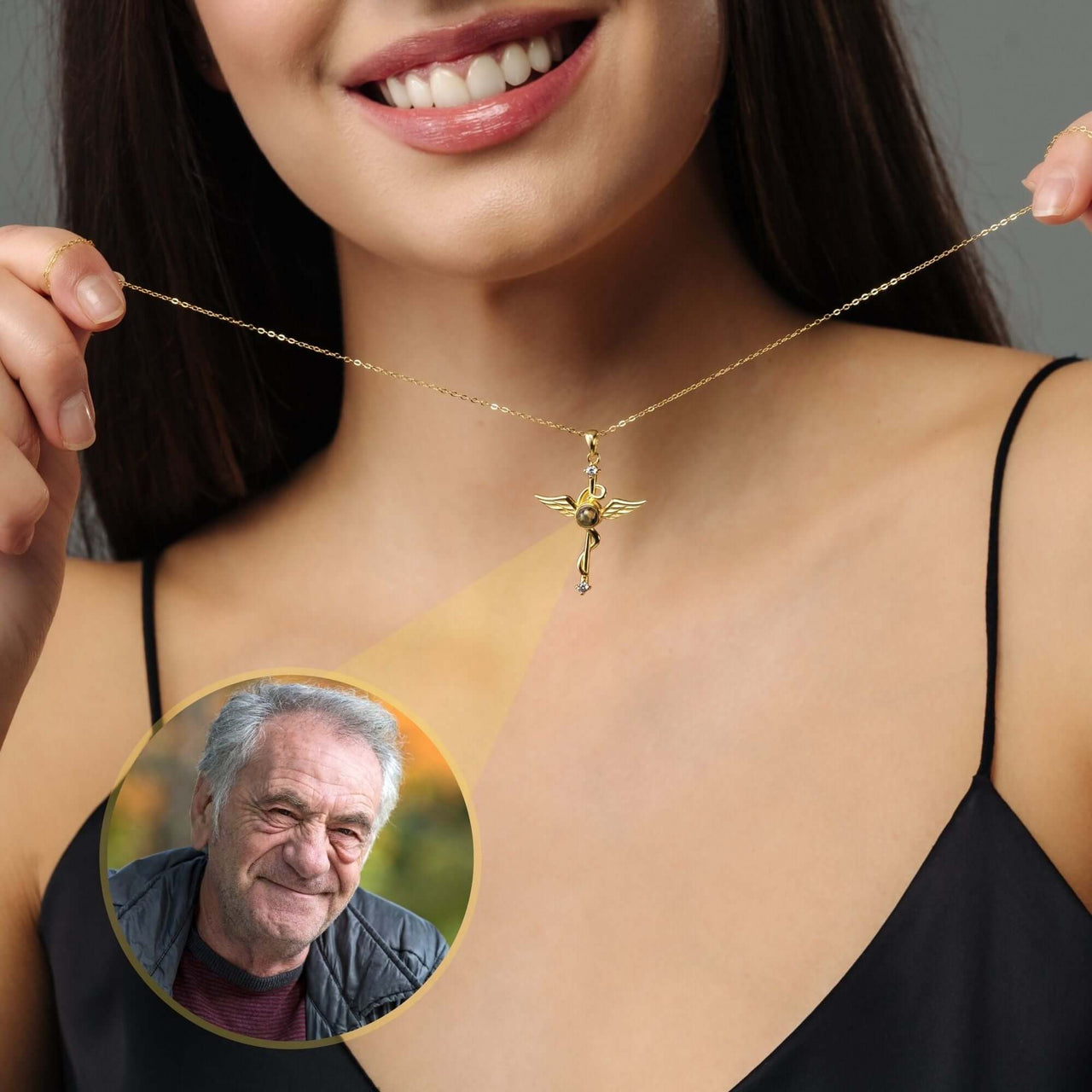 Woman wearing Protection Photo Necklace featuring a cherished photo, designed by Brother & Sisters.