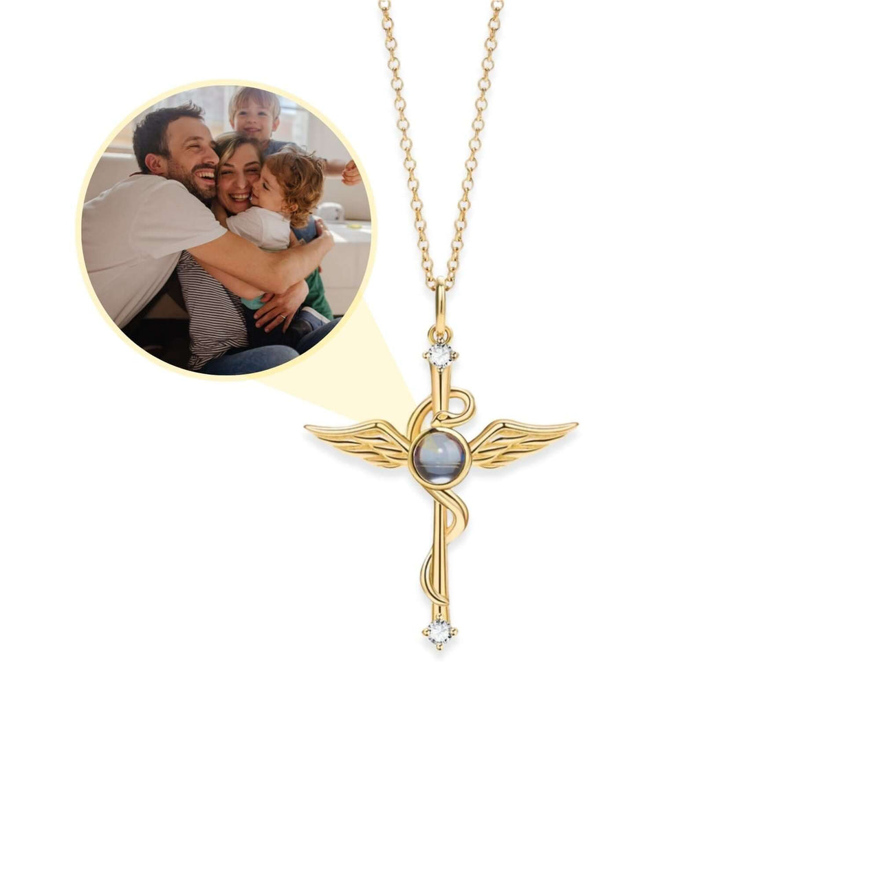 Protection Photo Necklace by Brother & Sisters featuring a cross design with a gemstone and a family photo.