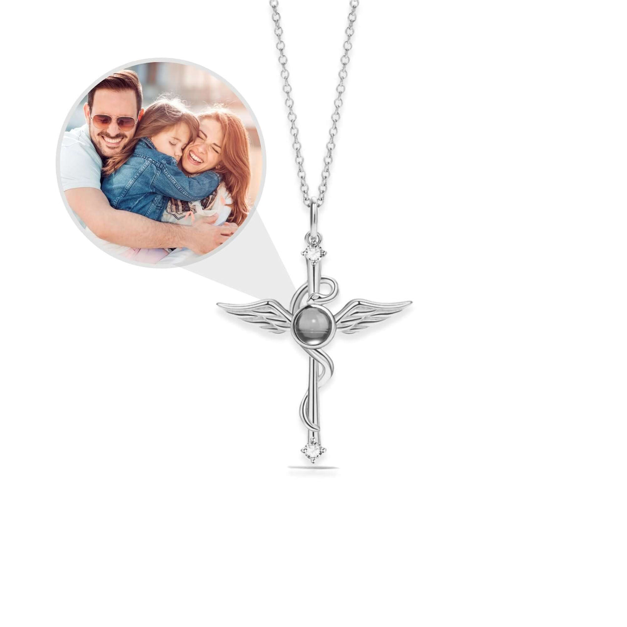 Protection Photo Necklace featuring a medical caduceus design with personalized photo lens by Brother & Sisters.