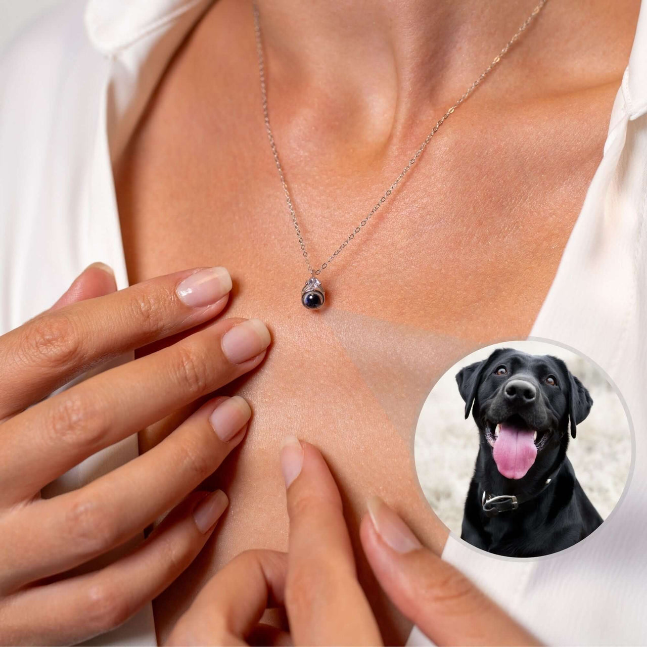 Rare Photo Necklace featuring a pendant projecting a beloved pet's photo, designed by Brother & Sisters for heartfelt moments.