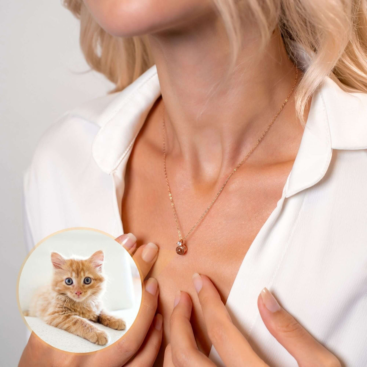 Rare Photo Necklace showcasing a custom photo projection pendant worn by a woman with a close-up of a cat.