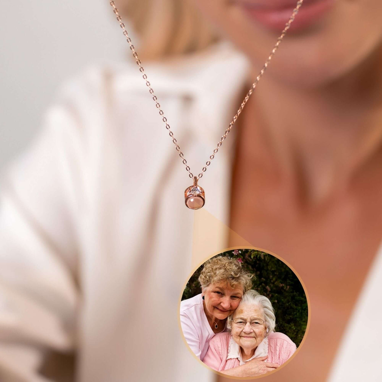 Rare Photo Necklace showcasing a custom photo projection feature by Brother & Sisters, highlighting a cherished moment.
