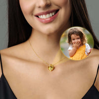 Thumbnail for Romance Photo Necklace worn by a woman, featuring a personalized pendant with a child’s photo, by Brother & Sisters.