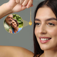 Thumbnail for Woman showcasing a Romance Photo Necklace pendant with a cherished photo, designed by Brother & Sisters.