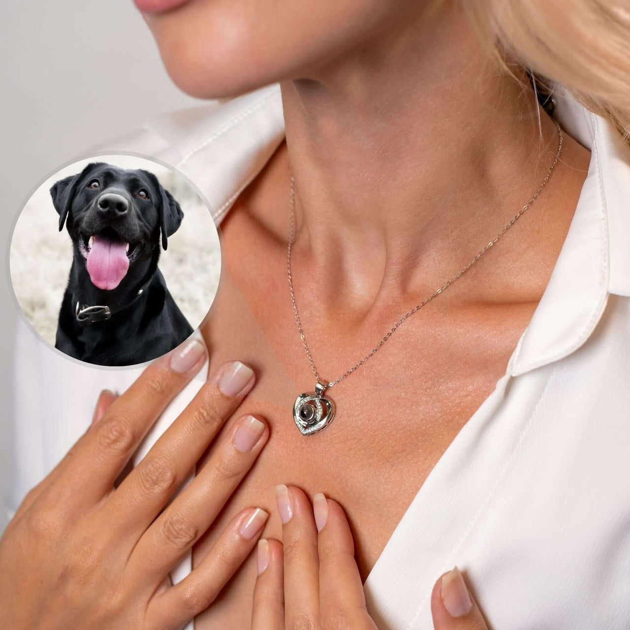 Romance Photo Necklace worn by a woman, showcasing a heart pendant with personalized photo of a dog.