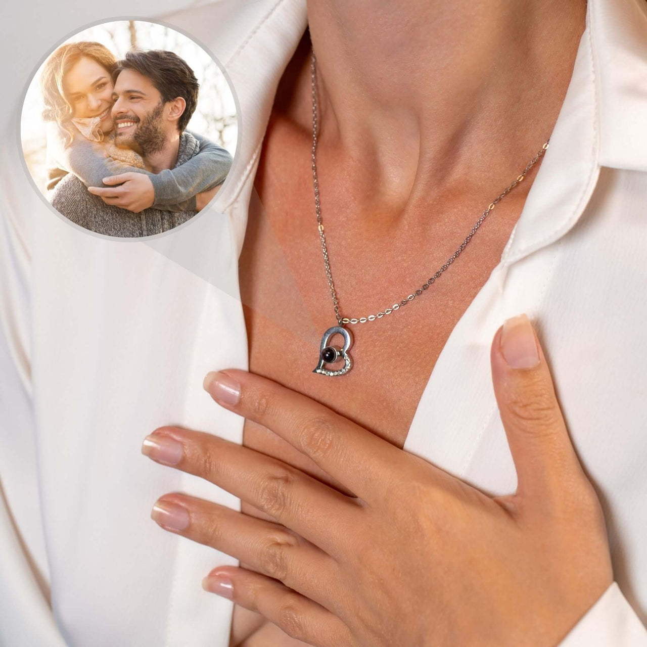 Romantic Photo Necklace showcasing a heart pendant with personalized photo projection by Brother & Sisters.