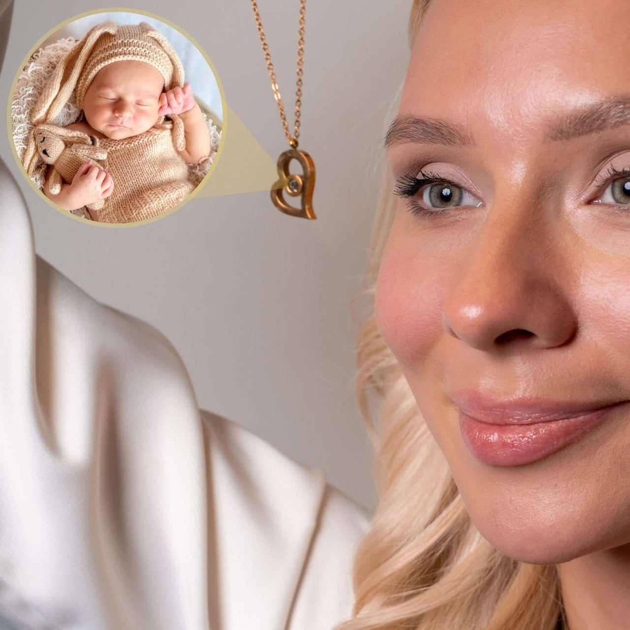 Romantic Photo Necklace showcasing a heart pendant with a baby's photo projection, by Brother & Sisters.