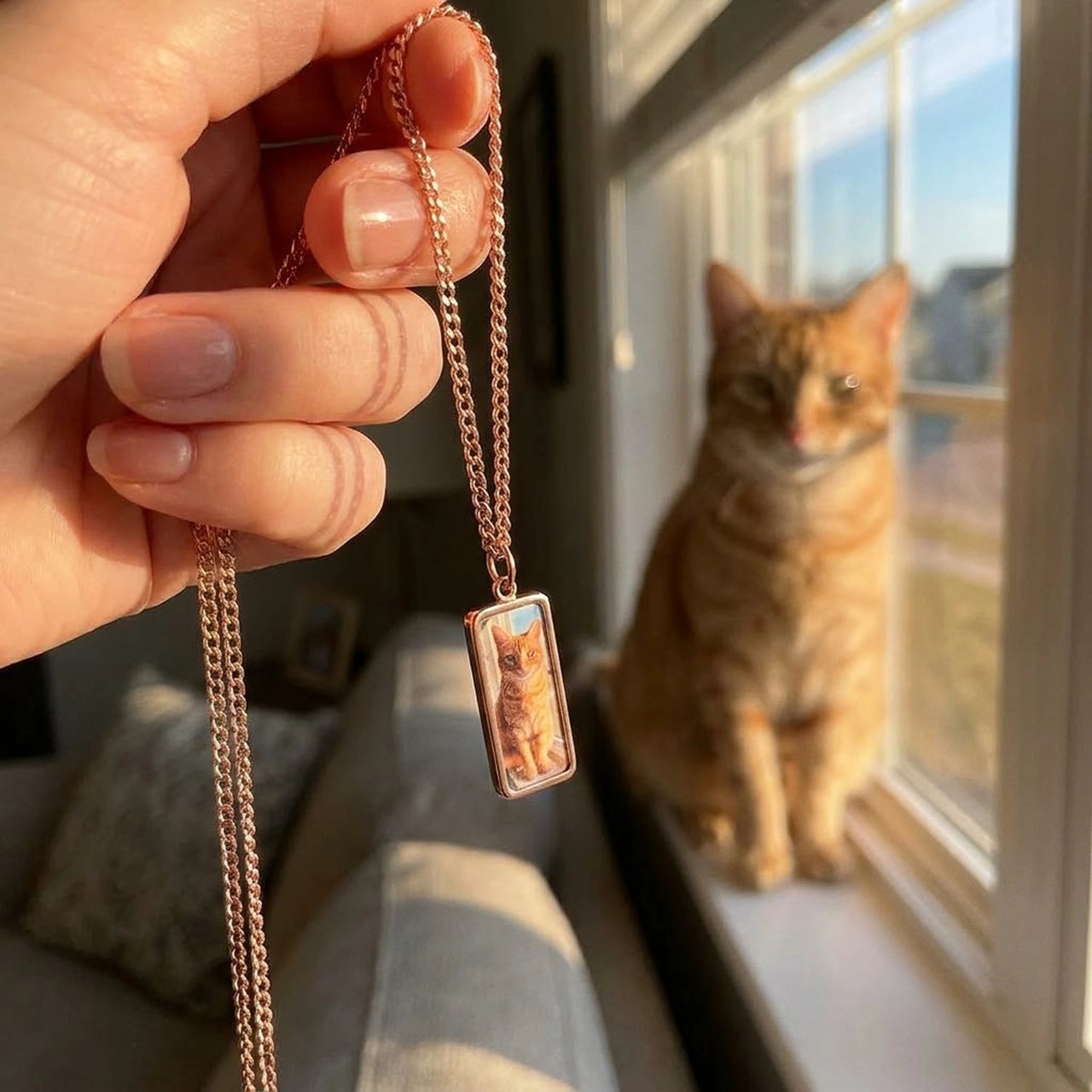 Customer photo: the rose gold bar necklace with her ginger cat's photo, her cat in the background | SKU: TPH-BARN-ROSEGOLD