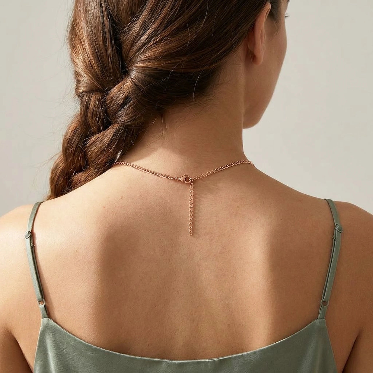 Back of the neck showing the lobster clasp and extension chain of the rose gold photo necklace | SKU: TPH-BARN-ROSEGOLD