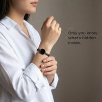 Thumbnail for Woman wearing the black bracelet with its black octagon charm, only she knows the photo inside | SKU: TPH-OCTB-BLACK-18
