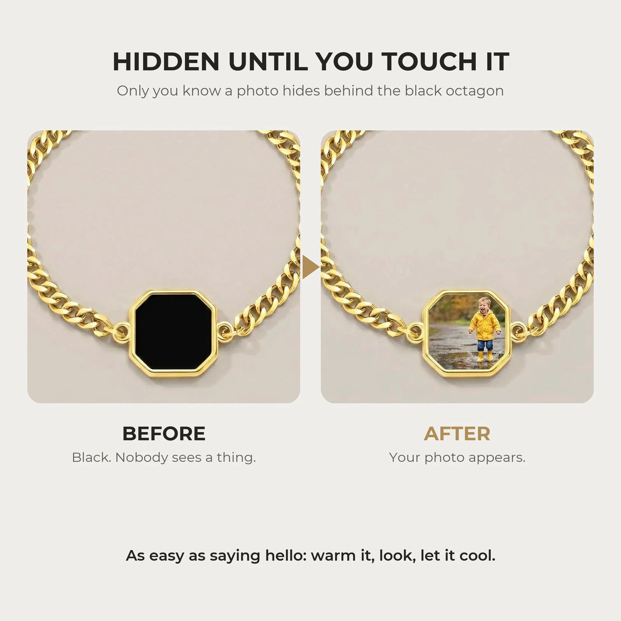 Before and after: black octagon charm on the gold bracelet, then the photo revealed by warmth | SKU: TPH-OCTB-GOLD-18