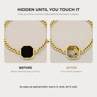 Thumbnail for Before and after: black octagon charm on the gold bracelet, then the photo revealed by warmth | SKU: TPH-OCTB-GOLD-18