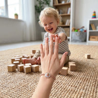 Thumbnail for Customer photo: the rose gold octagon bracelet with her son's photo, her son in the background | SKU: TPH-OCTB-ROSEGOLD-18