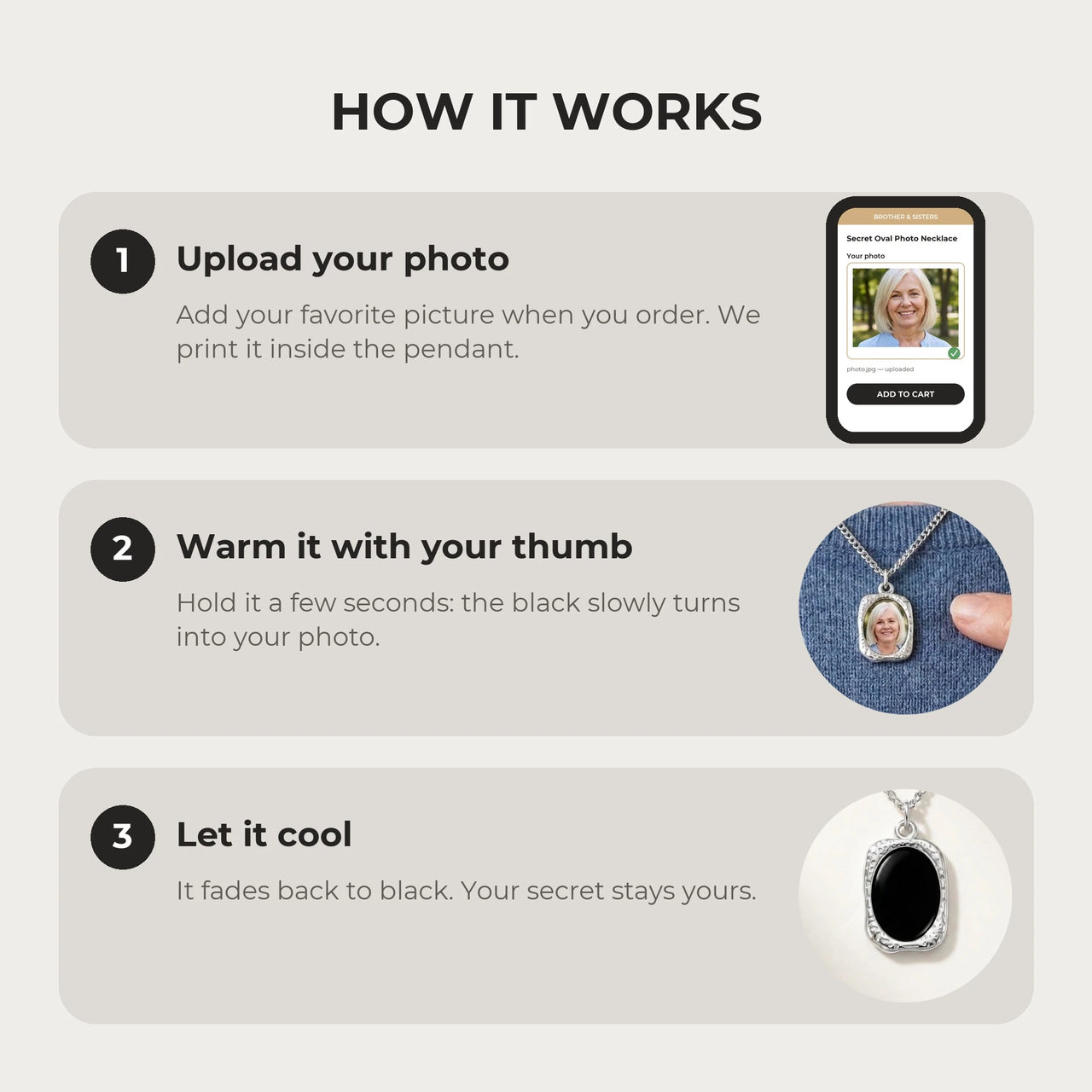How it works: upload your photo, warm the pendant with your thumb, let it cool back to black | SKU: TPH-OVLN-SILVER