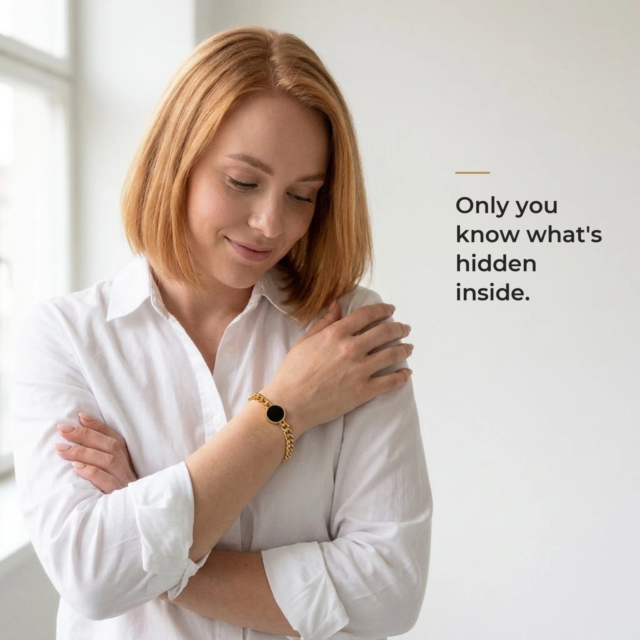 Woman wearing the gold bracelet with its black round charm, only she knows the photo inside | SKU: TPH-RNDB-GOLD