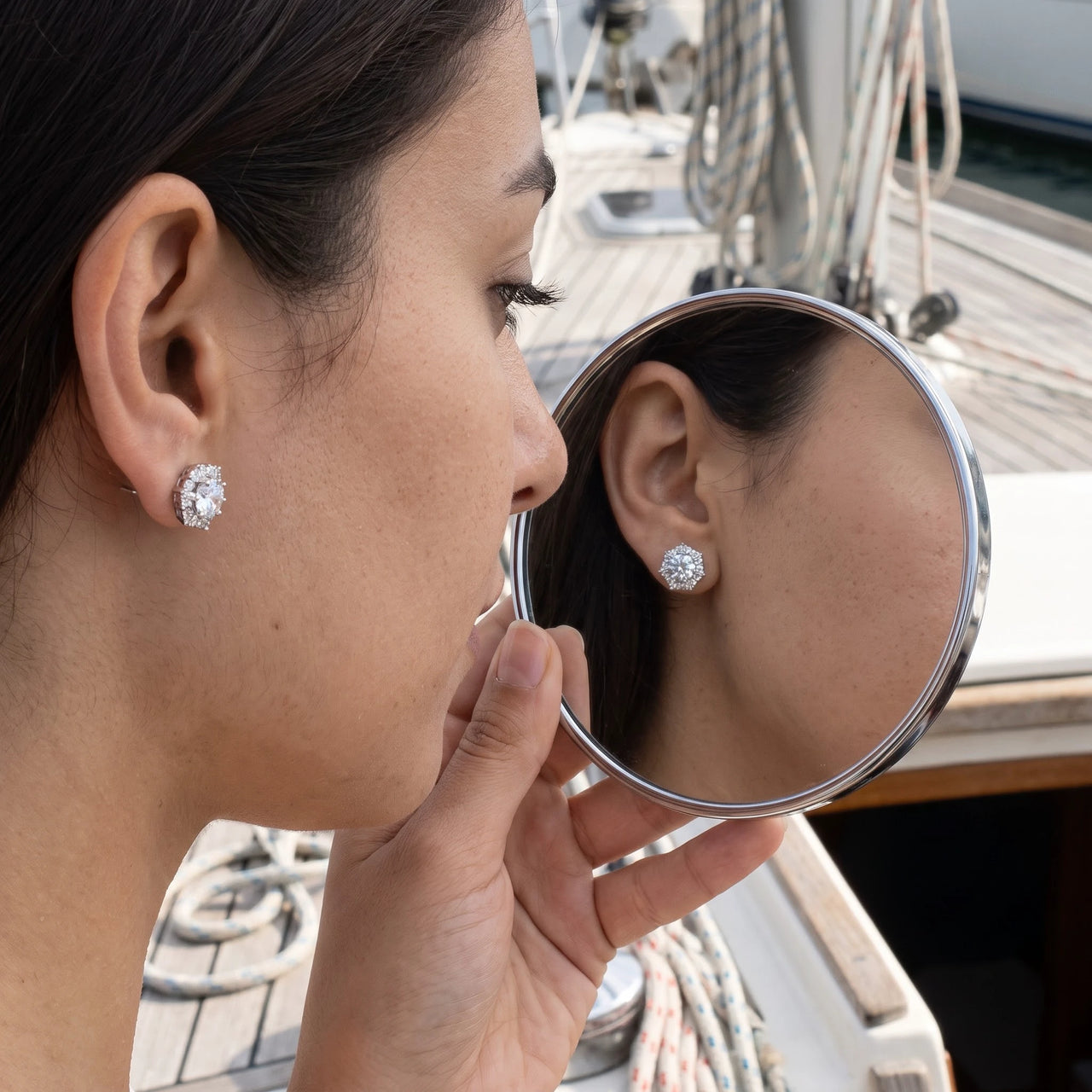 Silver stud earrings worn, showing its real size | SKU: 30876249