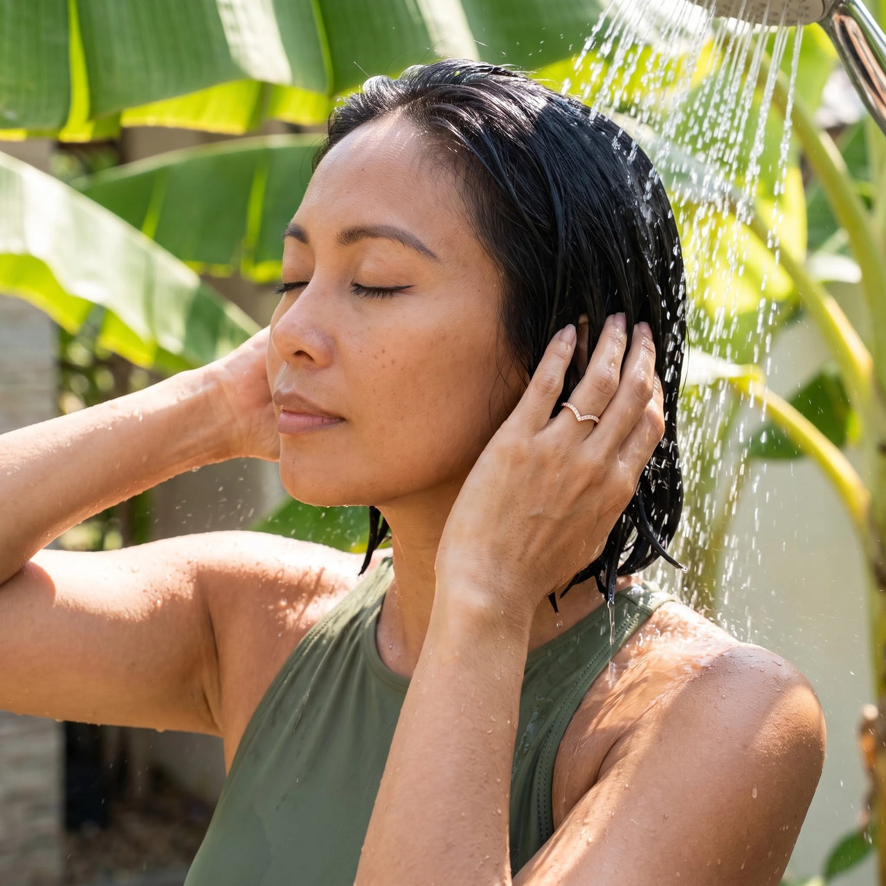 Rose Gold Minimalist Ring worn in an outdoor shower | SKU: 10645547-4.5-rose-gold